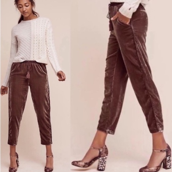 Elevenses Anthropologie Sonia Velvet Joggers Pants Dark Purple Small Cropped - Picture 1 of 16